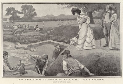 Die Ausgrabungen in Silchester, Untersuchung eines römischen Pflasters, Lithografie von Stuart G. Davis